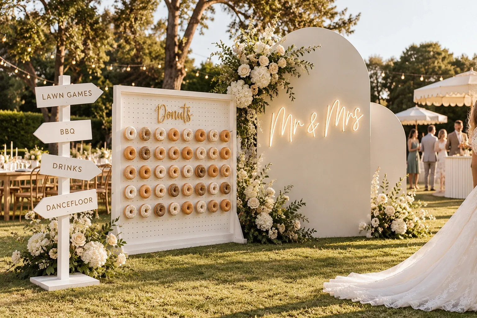 Garden wedding styled with a white directional sign, a donut wall and cream arch backdrops with a glowing Mr & Mrs sign